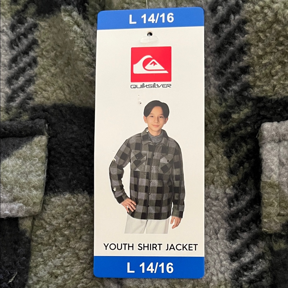 NWT Quiksilver Boys Youth Black and Gray Checkered Shirt Jacket Size L 14/16